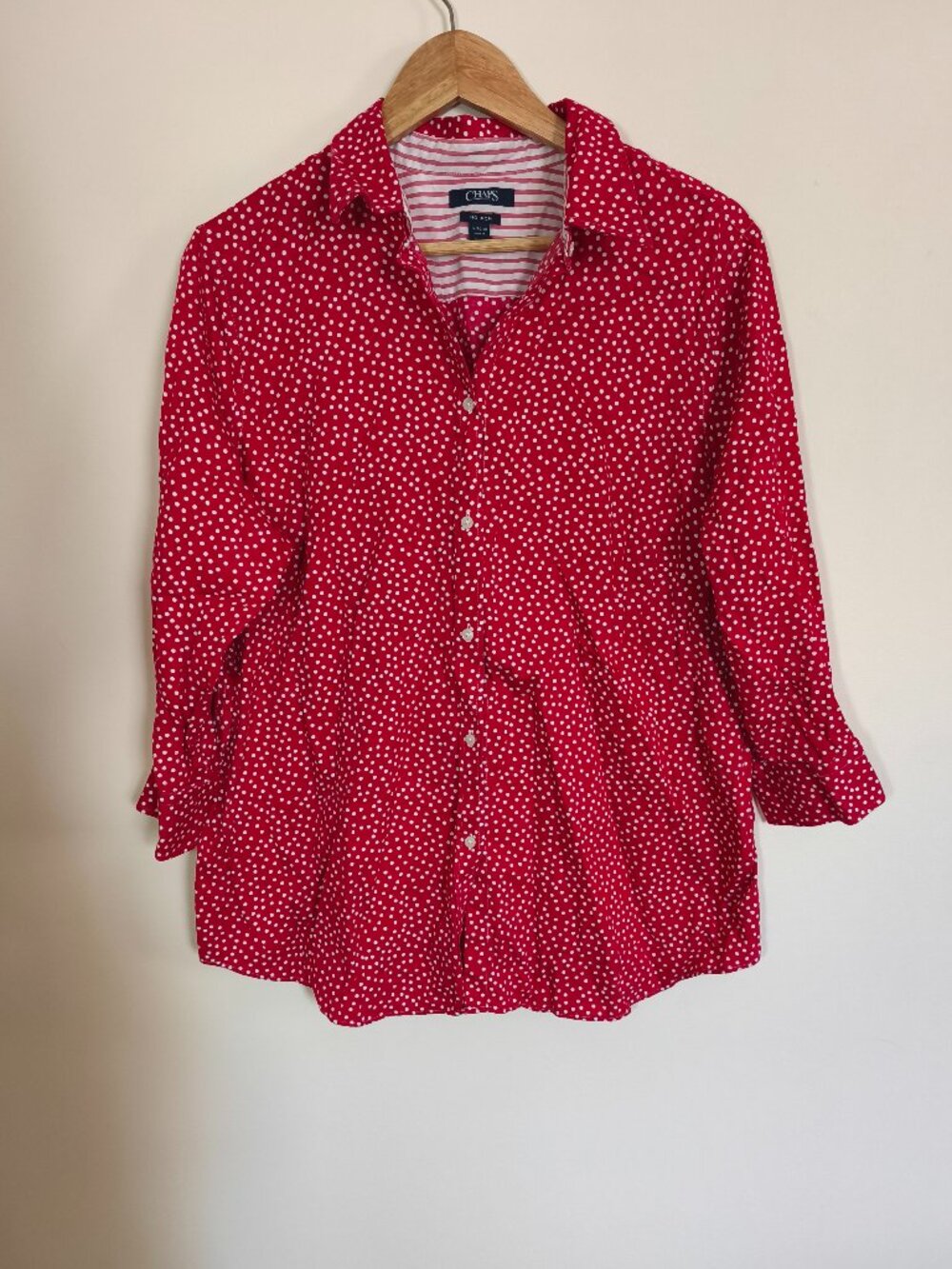 RL Chaps 100% Cotton Button Front Polka Dot Shirt sz 1X Red White Office Mature